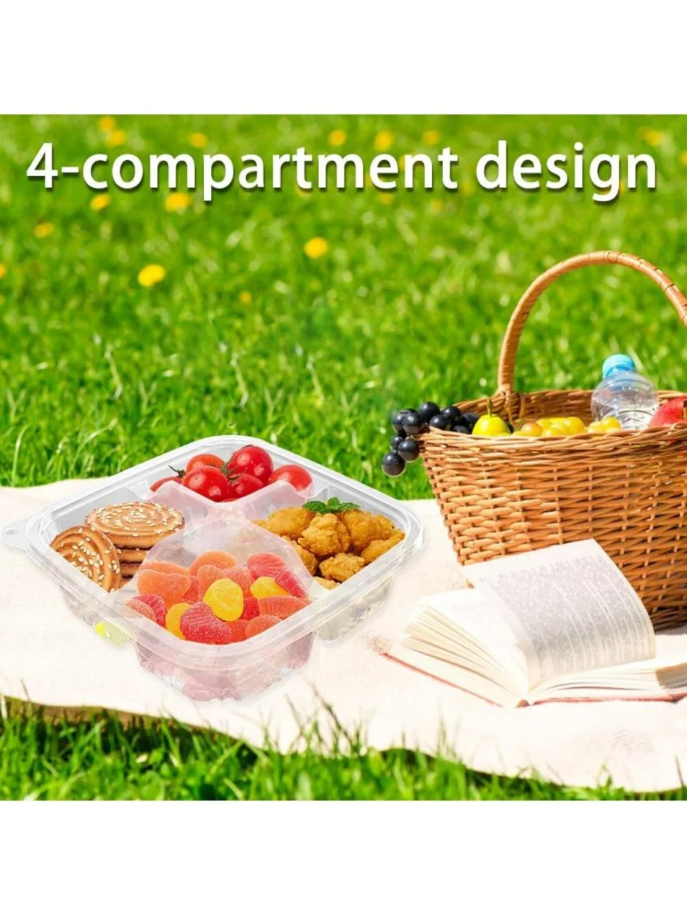 50 Pack Bento Snack Containers | 4 Compartment Lunch Box for Meal Prep & Snacks